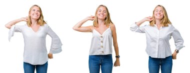 Güzel sarışın kadının geri, yorgun ve rahat, Uykulu ve erken sabah esneme germe beyaz izole arka plan üzerine kolaj