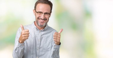 El ile pozitif jest yapıyor izole arka plan başarı işareti üzerinde gözlük takan yakışıklı orta yaş zarif komuta sizde başparmak gülümseyen ve mutlu. Neşeli bir ifadeyle, kazanan jest kameraya bakıyor.