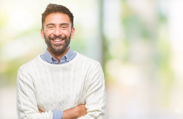 Ein Erwachsener Hispanischer Mann Winterpullover Vor Isoliertem Hintergrund Lächelt Glücklich — Stockfoto