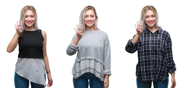 Collage Einer Schönen Blonden Jungen Frau Vor Isoliertem Hintergrund Die — Stockfoto