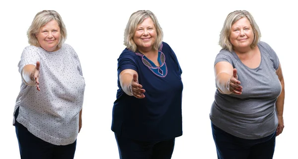 笑顔挨拶と歓迎フレンドリーな提供握手分離の背景にシニアの太った女性のコラージュ ビジネスの成功 — ストック写真