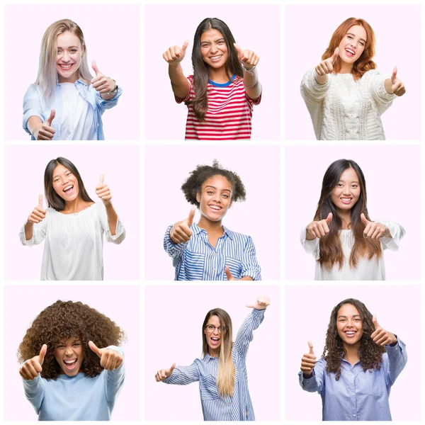 Kollázs Fiatal Nők Több Mint Rózsaszín Elszigetelt Háttér Jóváhagyásáról Fel — Stock Fotó