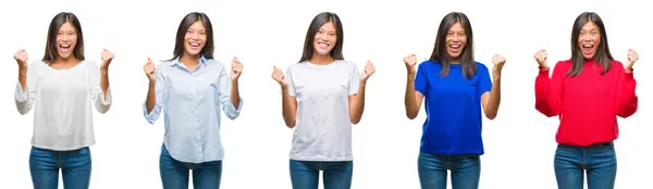 中国亚洲妇女的组成在孤立的背景庆祝惊讶和惊讶的成功与手臂抬起和睁开眼睛 优胜者概念 — 图库照片