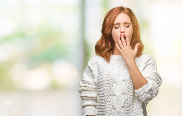 Young Beautiful Woman Isolated Background Wearing Winter Sweater Bored Yawning — Stock Photo, Image