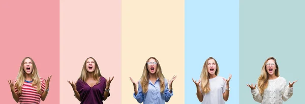 Kolaj Renkli Çizgili Güzel Genç Kadın Bir Arka Plan Çılgın — Stok fotoğraf