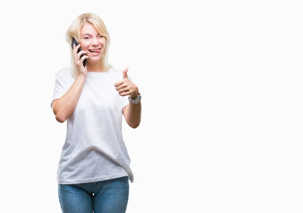 Junge Schöne Blonde Frau Telefoniert Und Spricht Auf Smartphone Über — Stockfoto