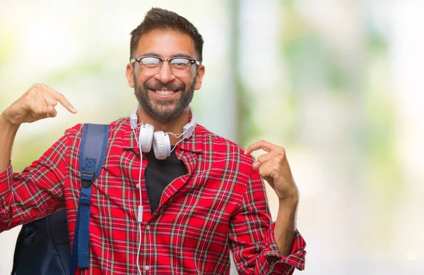 Adult Hispanic Student Man Wearing Headphones Backpack Isolated Background Looking — Stock Photo, Image