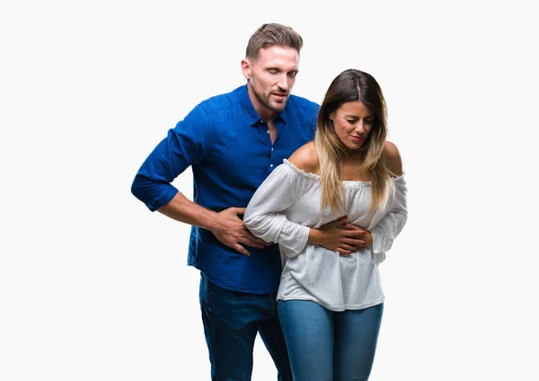 若いカップルの胃の上の手で隔離された背景の上愛のため消化不良 気分が悪く痛みを伴う病気 痛みの概念 — ストック写真