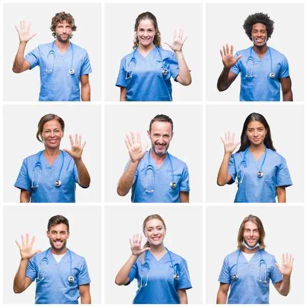 Collage Gruppo Infermieri Medici Professionisti Sfondo Isolato Mostrando Indicando Con — Foto Stock