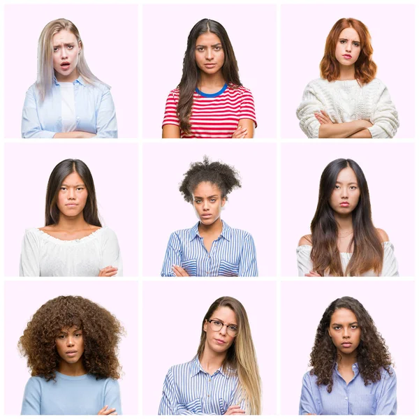 Collage Unga Kvinnor Över Rosa Isolerade Bakgrund Skeptiker Och Nervös — Stockfoto