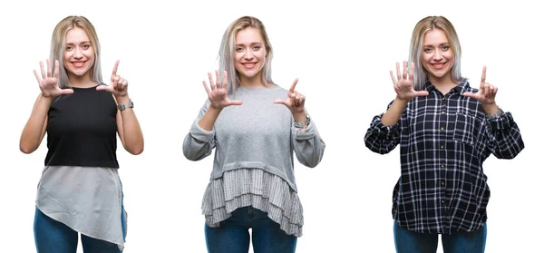 Коллаж Красивой Блондинки Изолированном Фоне Показывая Показывая Пальцами Номер Семь — стоковое фото