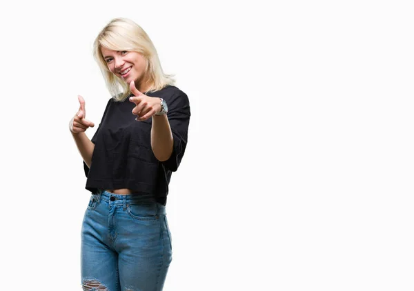 Junge Schöne Blonde Frau Über Isoliertem Hintergrund Zeigt Mit Dem — Stockfoto