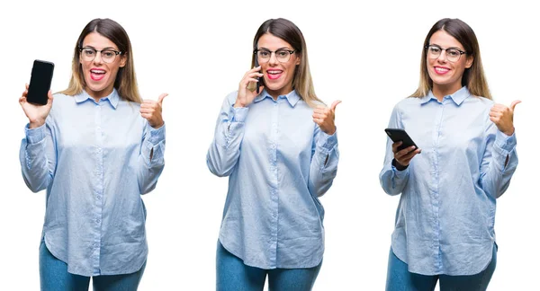 Collage Joven Hermosa Mujer Negocios Usando Teléfono Inteligente Sobre Fondo —  Fotos de Stock