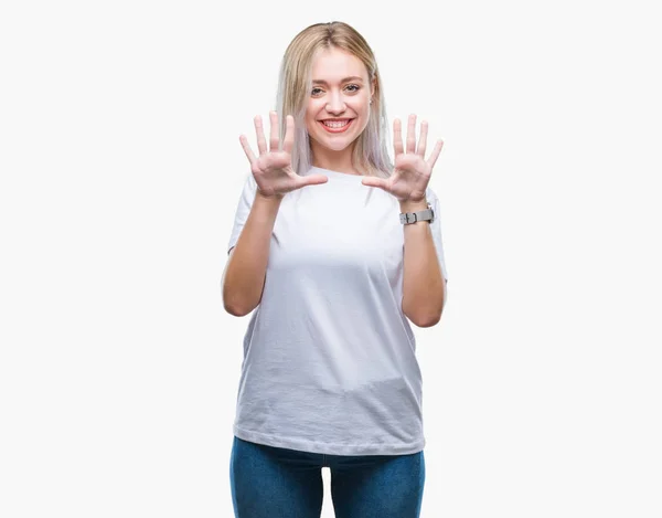 Молодая Блондинка Изолированном Фоне Показывает Указывает Пальцами Номер Десять Улыбаясь — стоковое фото