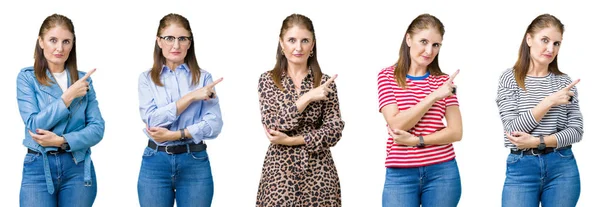 Collage Hermosa Mujer Mediana Edad Sobre Fondo Aislado Señalando Con — Foto de Stock