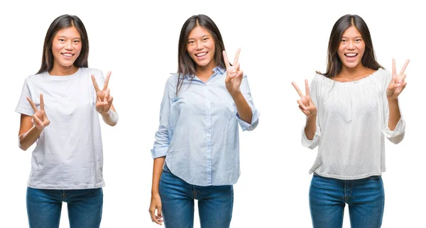 Colagem Asiático Jovem Mulher Sobre Branco Isolado Fundo Sorrindo Olhando — Fotografia de Stock
