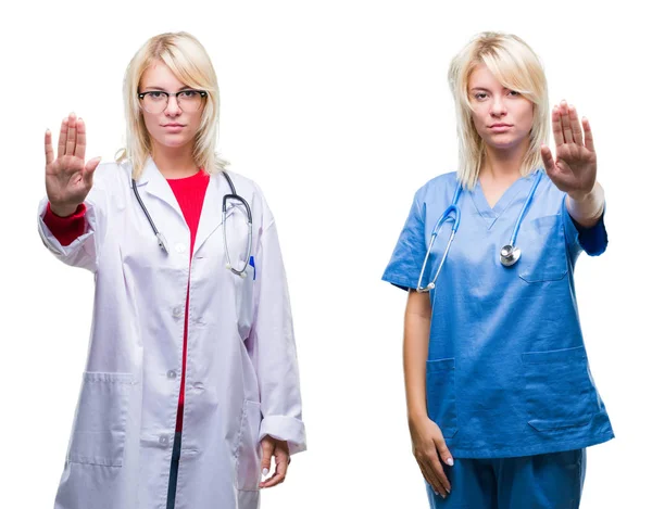 Collage Médecin Infirmière Femme Sur Fond Blanc Isolé Faire Arrêter — Photo