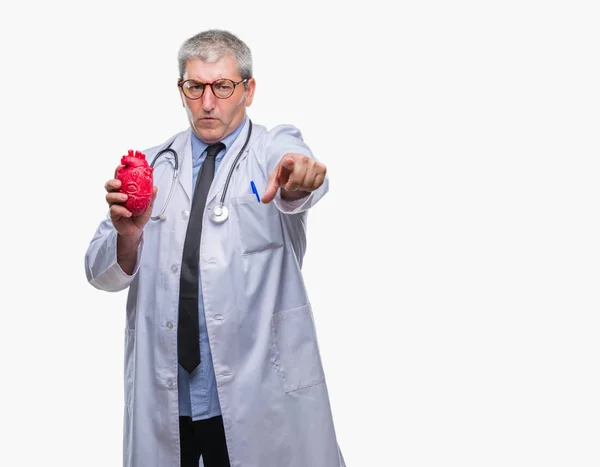 Przystojny Senior Kardiolog Lekarz Człowiek Gospodarstwa Serca Białym Tle Wskazując — Zdjęcie stockowe