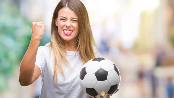 Junge Schöne Frau Hält Fußball Über Isolierten Hintergrund Genervt Und — Stockfoto