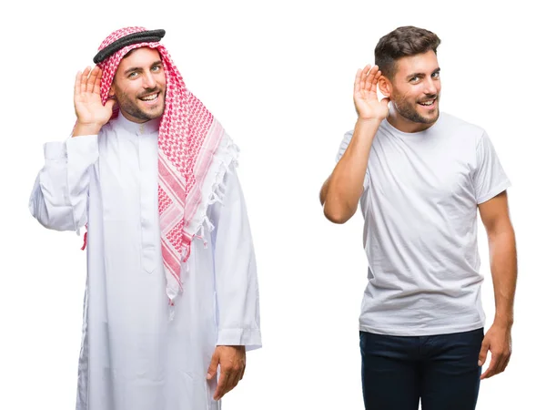 ハンサムな若い男と噂やゴシップに審理をリスニングの耳に手を浮かべて分離の背景上のアラブ人のコラージュ 難聴の概念 — ストック写真