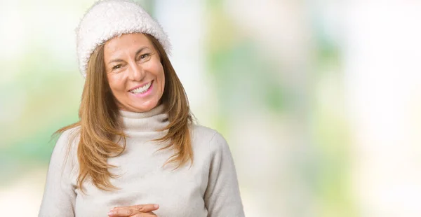 Schöne Frau Mittleren Alters Die Winterpullover Und Hut Über Isolierten — Stockfoto