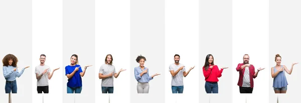 Collage Diferentes Etnias Jóvenes Sobre Rayas Blancas Fondo Aislado Asombrado —  Fotos de Stock