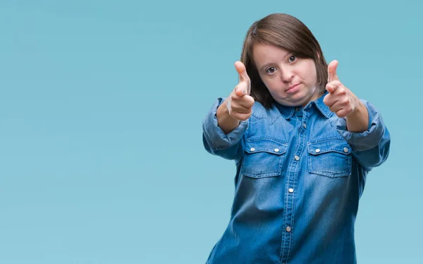 Giovane Donna Adulta Con Sindrome Sfondo Isolato Puntando Dito Verso — Foto Stock