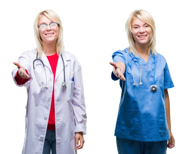 Collage Läkare Och Sjuksköterska Kvinna Över Vit Isolerade Bakgrund Leende — Stockfoto