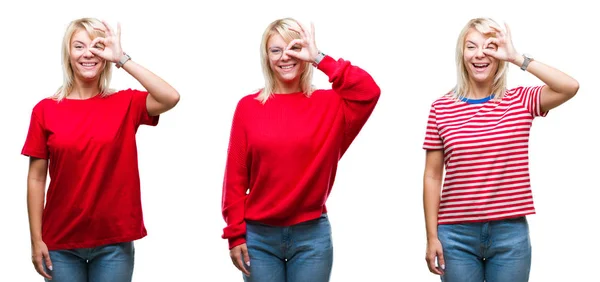 Collage Vacker Blond Kvinna Bär Casual Röd Över Isolerade Bakgrund — Stockfoto