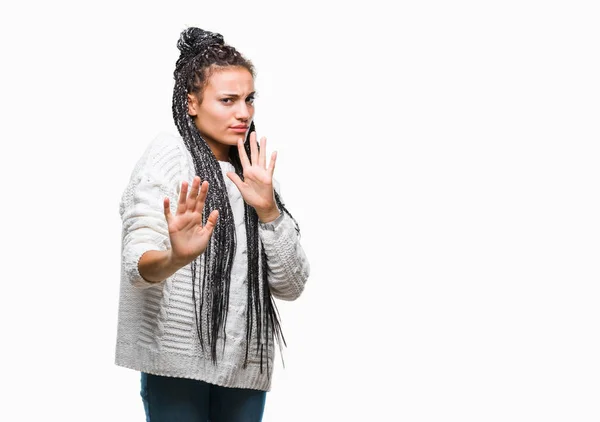 Jovem Trançado Cabelo Afro Americano Menina Vestindo Suéter Sobre Fundo — Fotografia de Stock