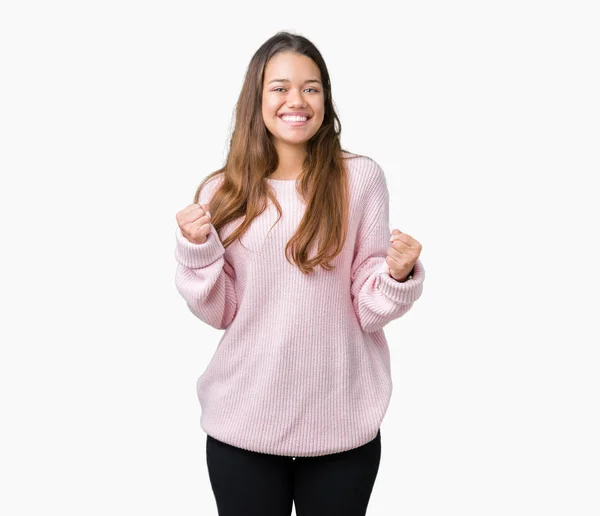 Young Beautiful Brunette Woman Wearing Pink Winter Sweater Isolated Background — Stock Photo, Image