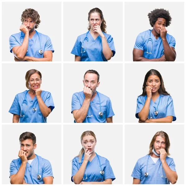 不安や 緊張を探して孤立の背景に専門の医者看護師人数のコラージュ手爪をかむ口 不安の問題 — ストック写真