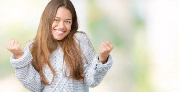 Young Beautiful Brunette Woman Wearing Sweater Isolated Background Celebrating Surprised — Stock Photo, Image