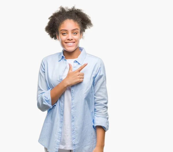 Young Afro American Woman Isolated Background Cheerful Smile Face Pointing — Stock Photo, Image