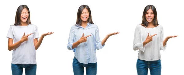 亚洲年轻女子拼贴画站在白色孤立的背景下 用手和手指指着脸 对着镜头微笑 — 图库照片