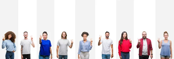 Collage Diferentes Etnias Jóvenes Sobre Rayas Blancas Fondo Aislado Mostrando — Foto de Stock