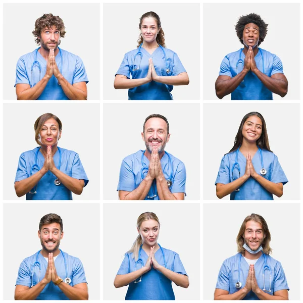 両手一緒に自信を持って笑って許しを求めて祈って分離の背景の上の専門の医者看護師の人々 のグループのコラージュ — ストック写真