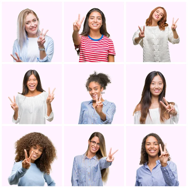 Collage Unga Kvinnor Över Rosa Isolerade Bakgrund Leende Ser Att — Stockfoto
