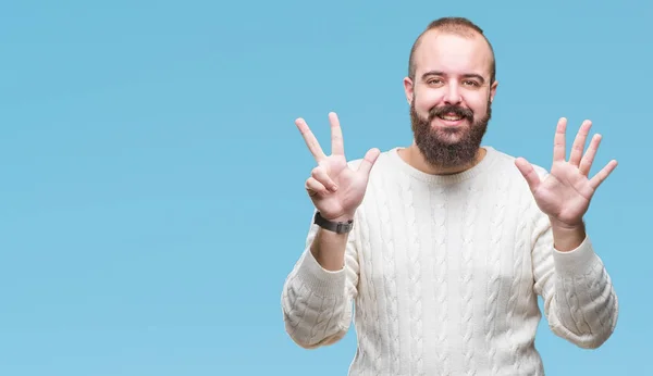 Giovane Uomo Hipster Caucasico Indossa Maglione Invernale Sfondo Isolato Mostrando — Foto Stock