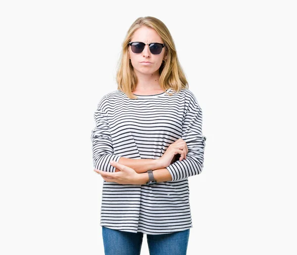 Beautiful Young Woman Wearing Sunglasses Isolated Background Skeptic Nervous Disapproving — Stock Photo, Image