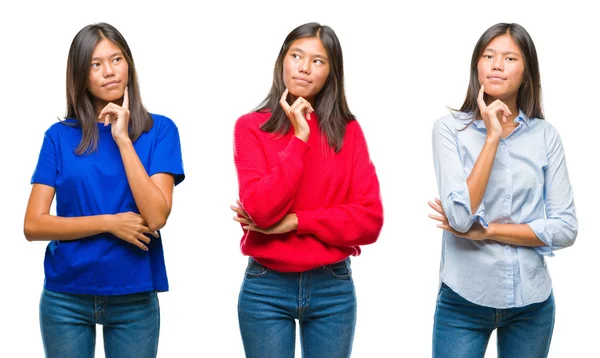 Collage Mujer Joven Asiática Pie Sobre Fondo Blanco Aislado Con —  Fotos de Stock