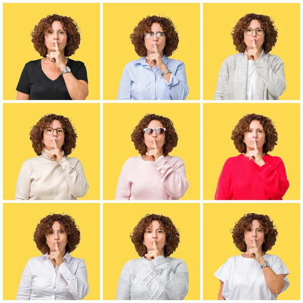 中年老年妇女在黄色孤立背景上的拼贴要求用手指在嘴唇上保持安静 沉默和秘密概念 — 图库照片
