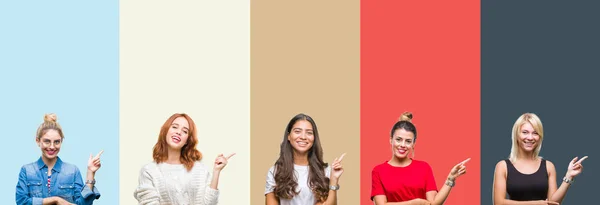 Colagem Grupo Mulher Casual Bonita Sobre Cores Outono Vintage Isolado — Fotografia de Stock