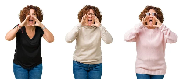 Collage Middle Age Senior Woman White Isolated Background Shouting Angry — Stock Photo, Image