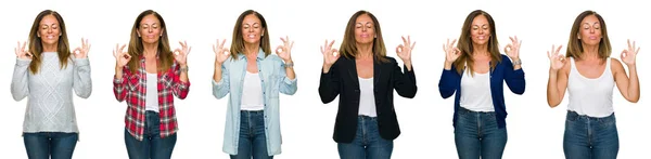 Colagem Bela Mulher Meia Idade Sobre Fundo Isolado Branco Relaxar — Fotografia de Stock