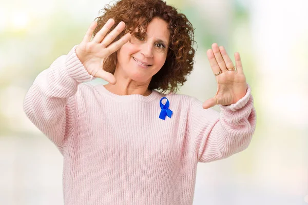 Middle Ager Senior Woman Wearing Changeable Blue Color Ribbon Awareness — Stock Photo, Image