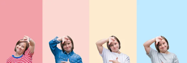 Collage Del Síndrome Mujer Sobre Rayas Colores Fondo Aislado Sonriendo —  Fotos de Stock