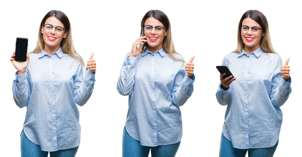 Collage Joven Hermosa Mujer Negocios Utilizando Teléfono Inteligente Sobre Fondo —  Fotos de Stock