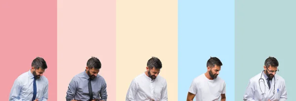 Collage Hombre Guapo Sobre Rayas Colores Fondo Aislado Con Mano — Foto de Stock