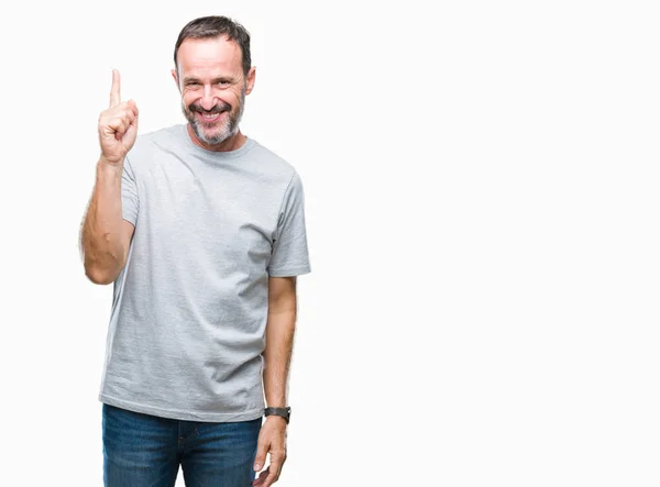 Middle Age Senior Hoary Man Isolated Background Pointing Finger Successful — Stock Photo, Image